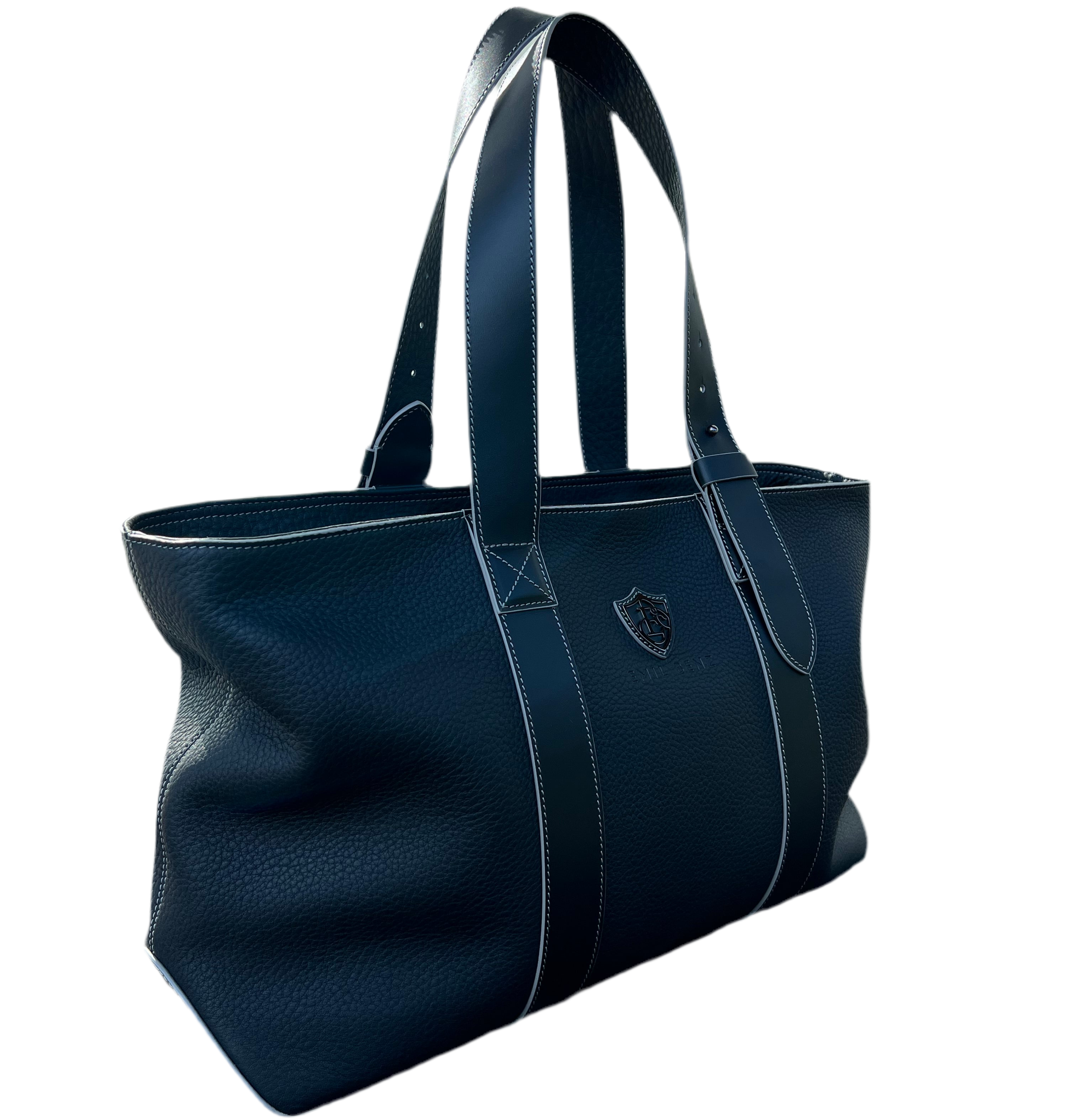 Black tote bag with a brand logo on a white background