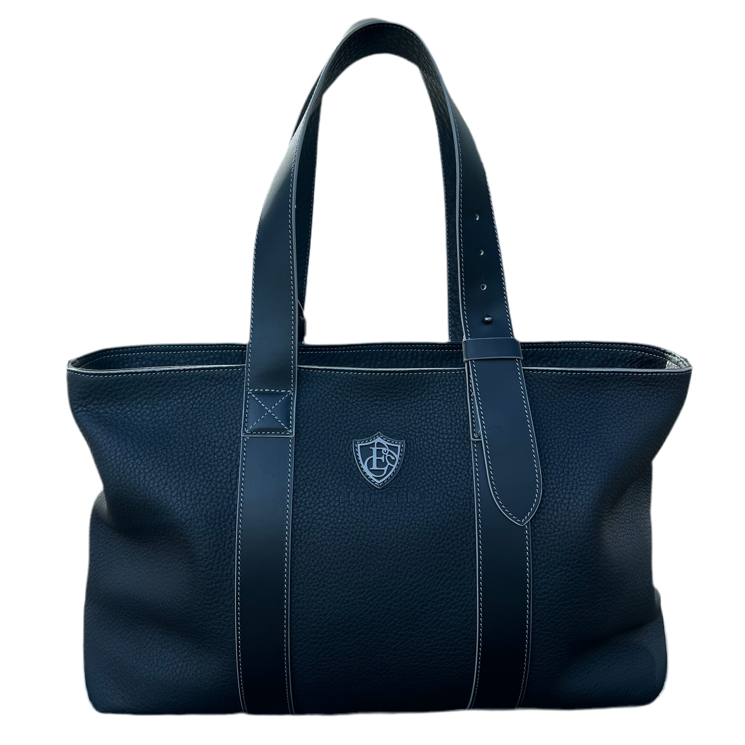 Black tote bag with a logo on a white background