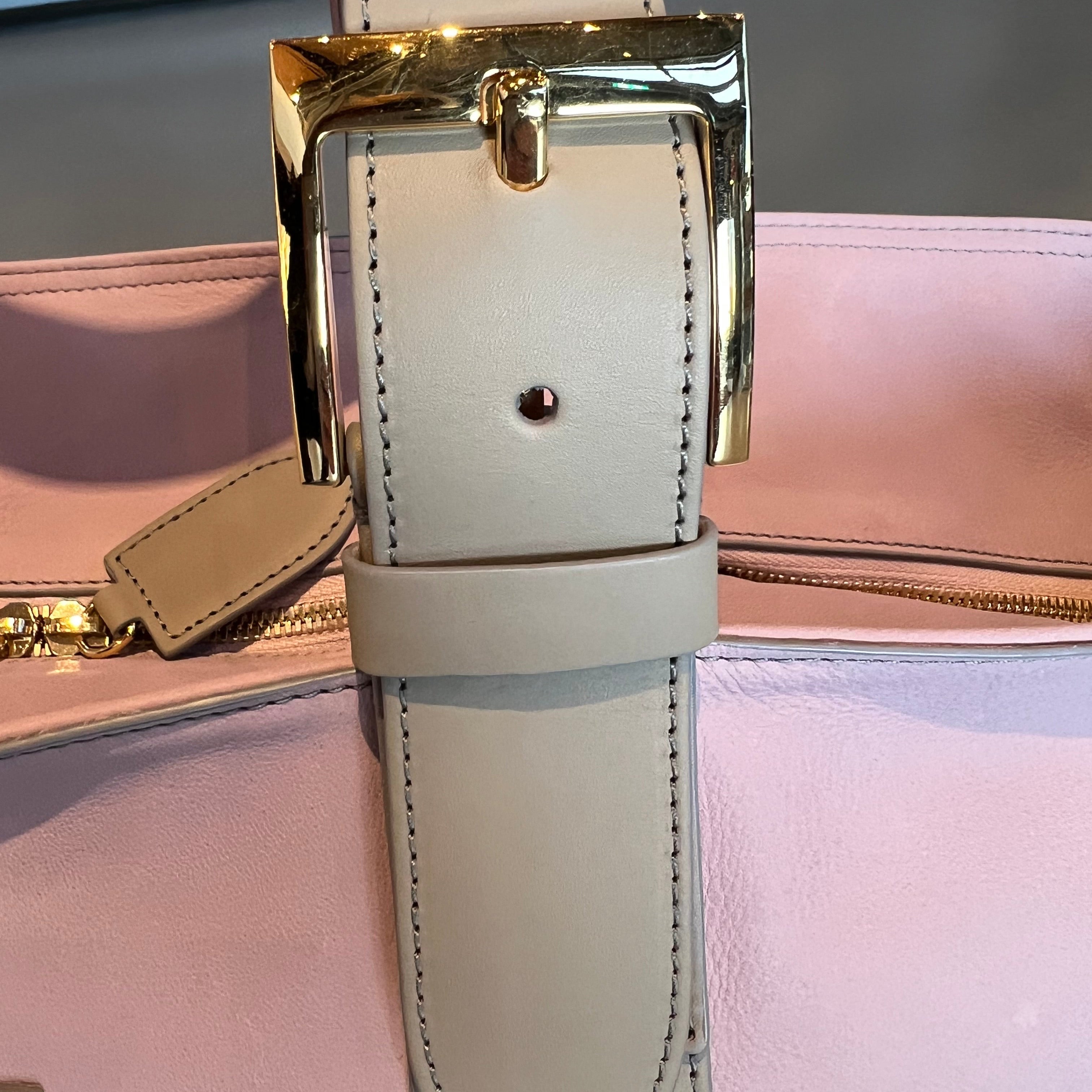Close-up of a beige leather with a gold buckle on a pink tote bag