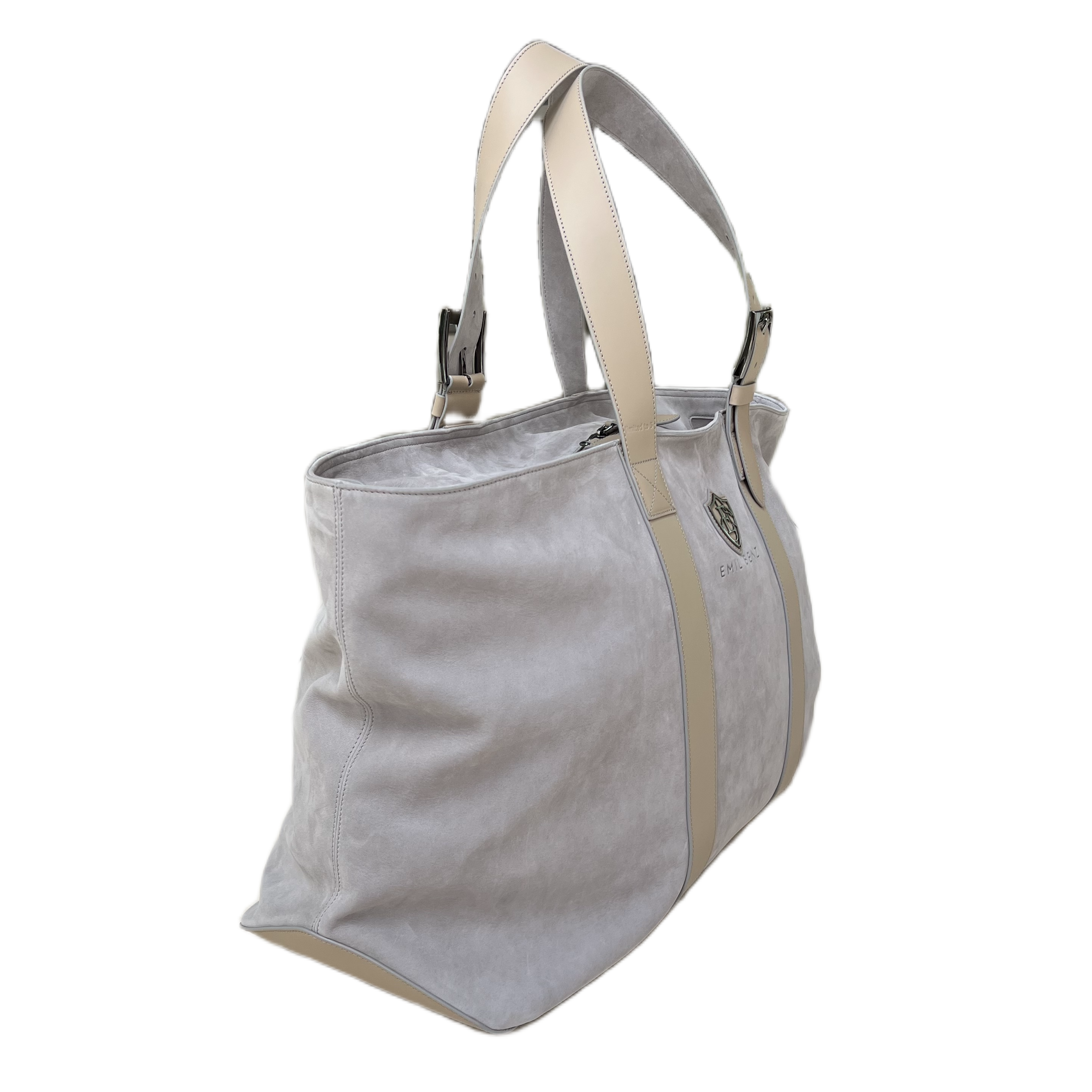 Light gray tote bag with beige accents on a white background